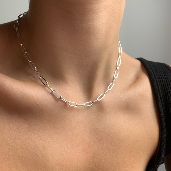 Sterling Silver Paperclip Chain Necklace Stamped 925 Silver Rectangle Link - Picture 1 of 7